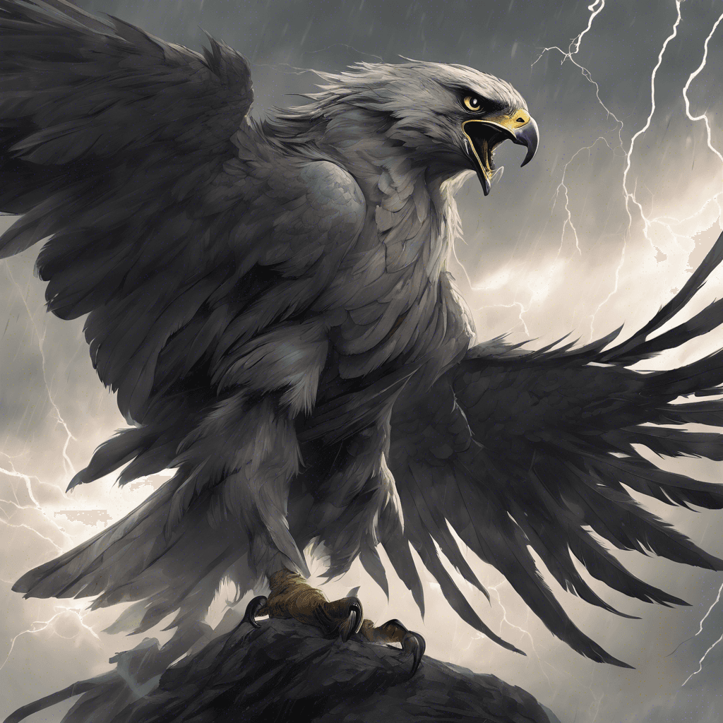 A creature with the body of a bird of prey and the head of a snarling woman. Its feathers are a spectrum of stormy grays, and its eyes crackle with lightning. Talons sharp as scimitars gleam with a lethal edge.