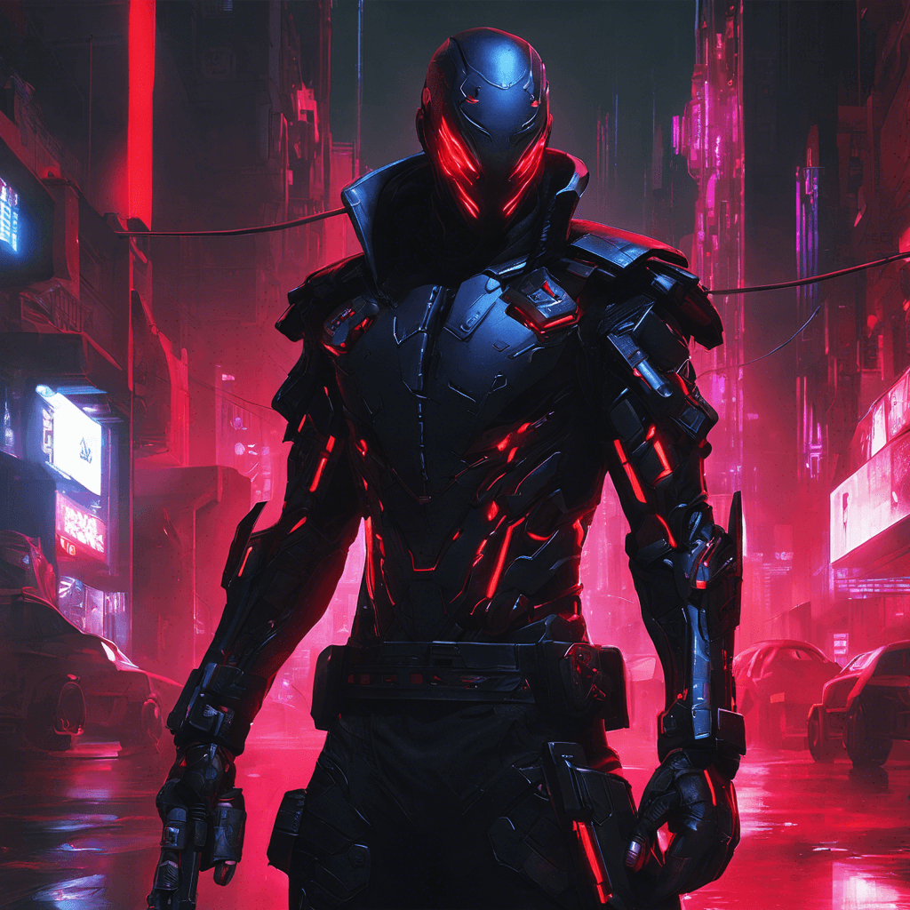 The Neon Shadow Assassin is a cybernetically enhanced human with sleek black armor embedded with neon lights that pulse with deadly energy. Their cybernetic eyes glow with a menacing red hue, capable of tracking targets with precision. Their movements are swift and agile, blending into the shadows of Neo-Tokyo's alleyways.