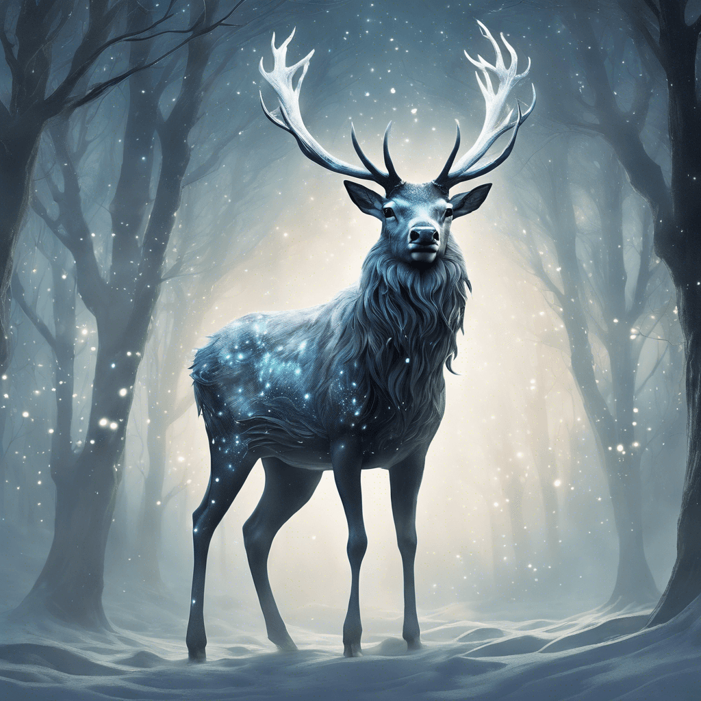 A majestic stag with an ethereal, translucent form that glows with a haunting inner light. It has large, branching antlers that seem to shimmer and shift, like branches swaying in an unfelt breeze. The creature's eyes are deep voids that reflect the stars of the night sky, and its hooves leave a trail of faintly glowing mist.