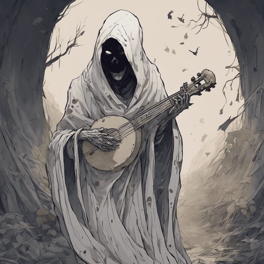 A spectral figure draped in tattered robes, carrying a crooked lute. Its hollow eyes glow dimly, and a haunting melody floats around it, chilling the air.