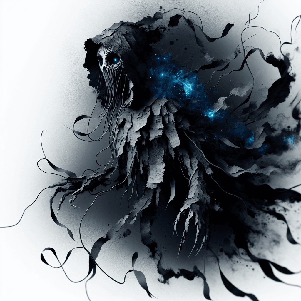 A dark, ethereal figure rises from the shadowy energies, its form made of flickering pages and twisted, ink-dripped tendrils. Its eyes are hollow pits that exude an eerie, sapphire glow, and as it hovers above the ground, a cloak of parchment and leather writhes about it.