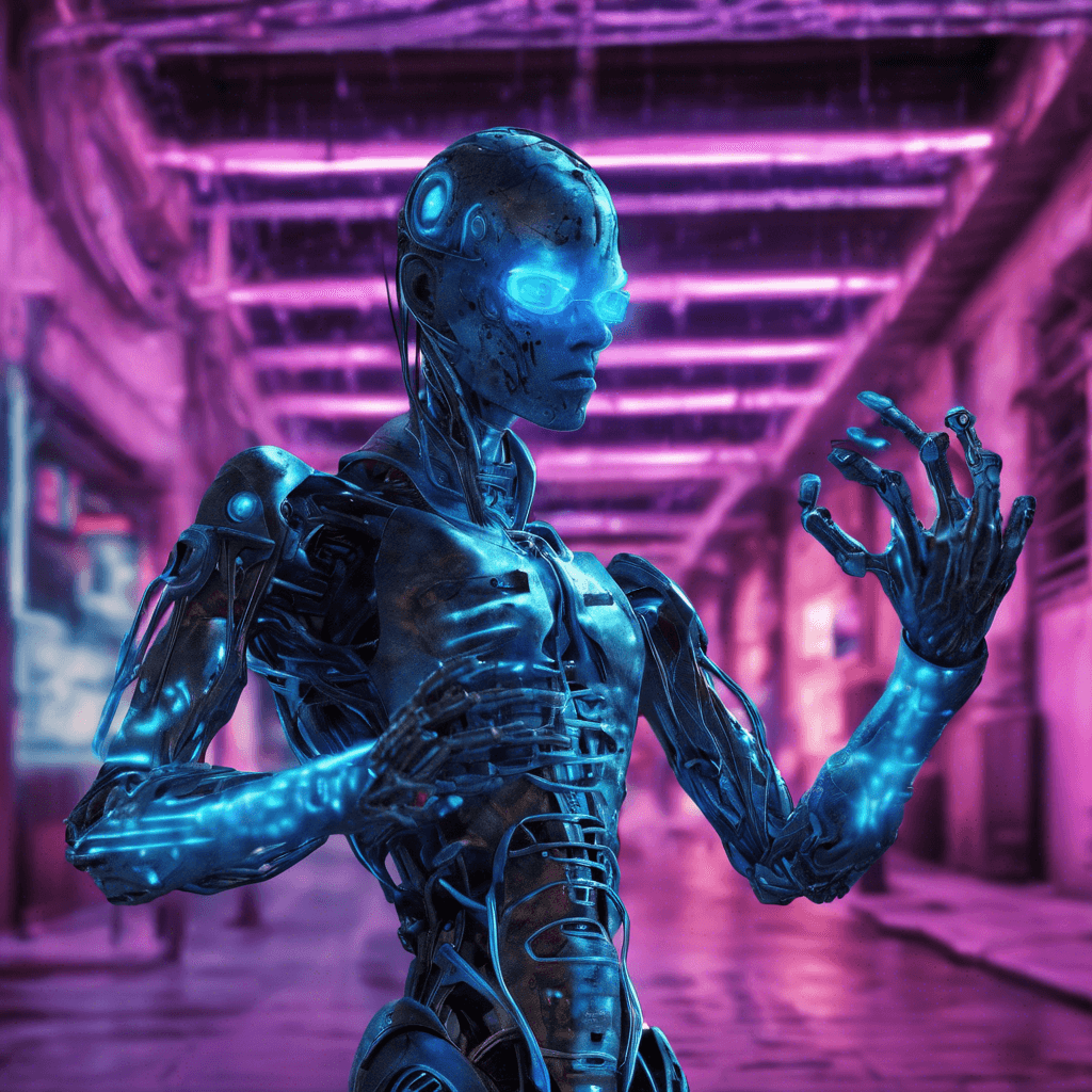 The Cyber Virus Infector is a humanoid figure with a metallic exoskeleton, its body covered in pulsating veins of neon blue light. Its eyes glow with a malicious digital intensity, scanning its surroundings for potential targets to infect with its cybernetic virus. It moves with a fluid grace, blending seamlessly with the neon-lit streets of Neo-Tokyo.