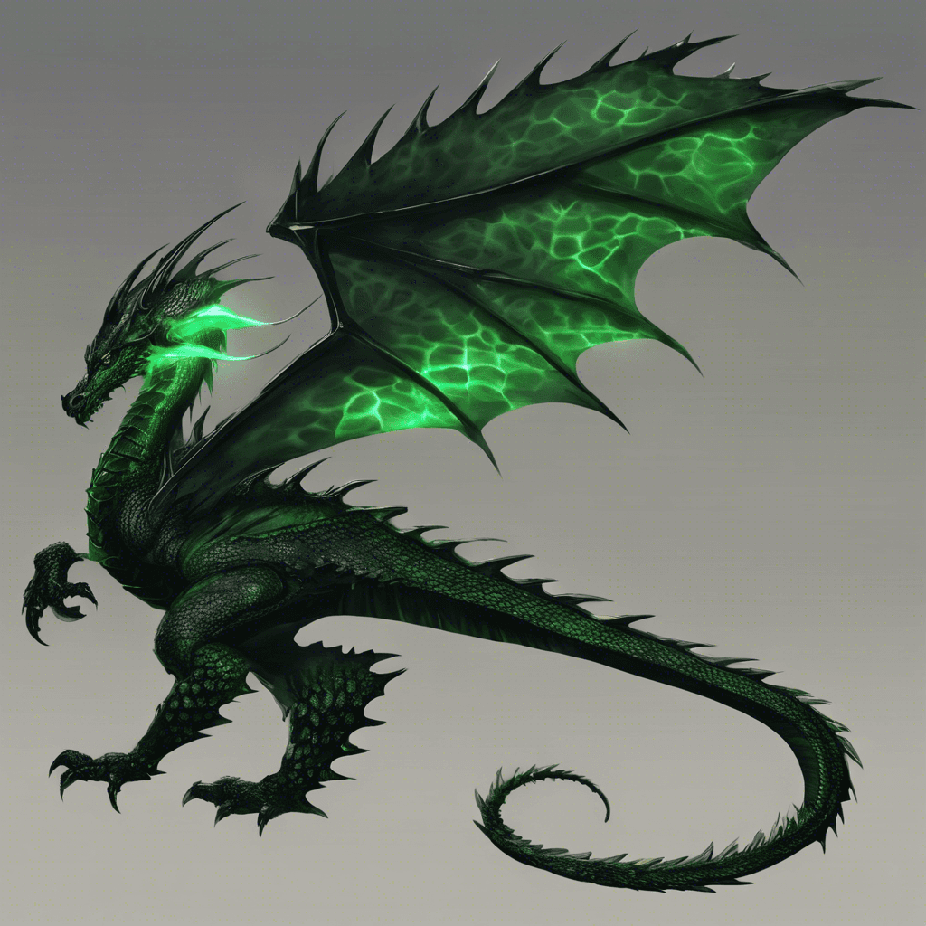 A serpentine dragon with scales like obsidian glass, its eyes glow with a malignant green light. Its elongated body slithers with deceptive speed, and jagged spines trace down its back.