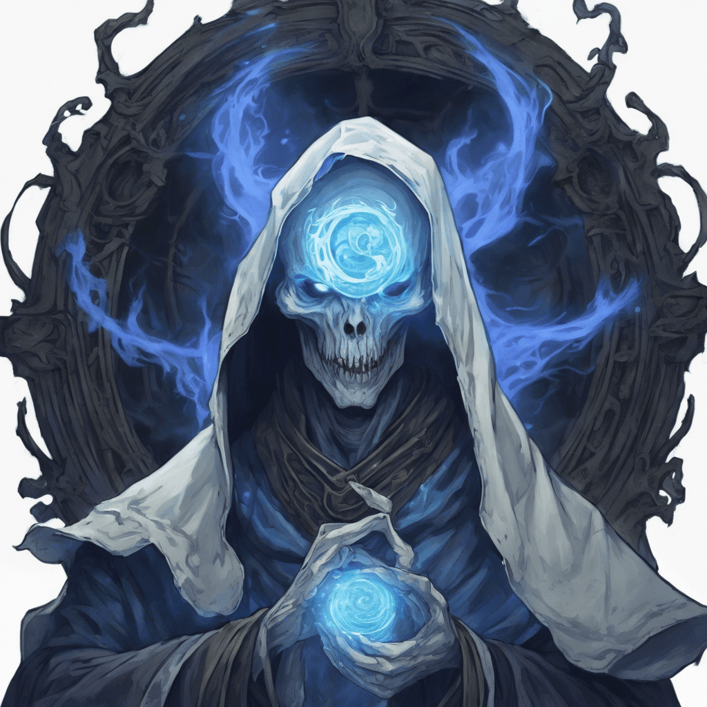 A ghastly entity hovers before you, its tattered robes fluttering in a non-existent wind, baleful blue fire flickering in its empty eye sockets, and eldritch symbols glowing across its deathly pale skin.