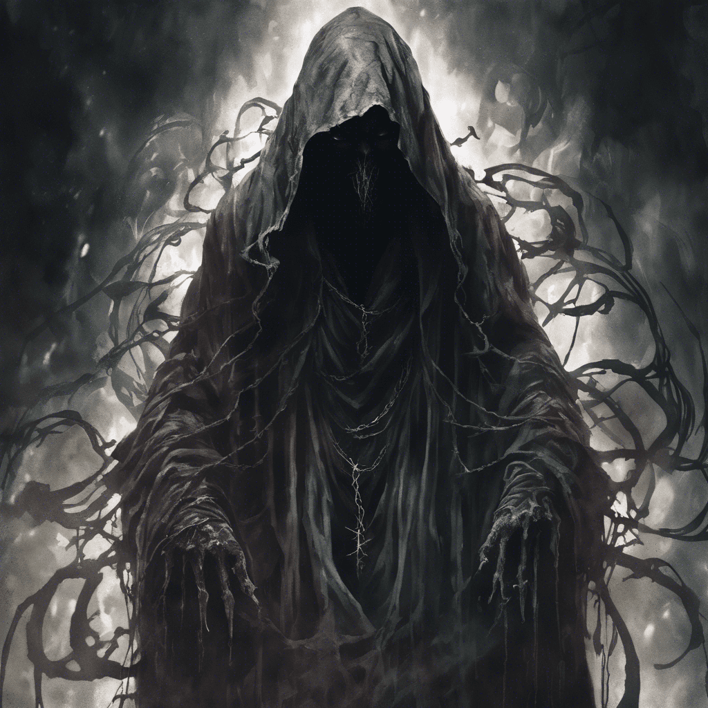 A sinister figure cloaked in tattered robes that seem to absorb light, Grimmald's face is obscured by a hood, and shadowy tendrils of dark energy emanate from his fingertips.