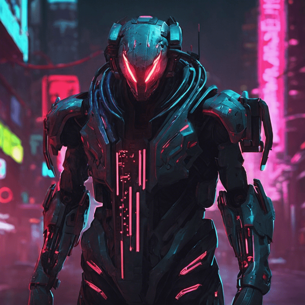 The Neon Dusk Stalker is a sleek, cybernetically enhanced humanoid with glowing neon circuitry embedded in its skin. Its eyes are replaced with glowing red lenses that scan its surroundings with precision. Armed with retractable blades and enhanced reflexes, it moves silently through the shadows of the cyberpunk cityscape, ready to strike at any moment.