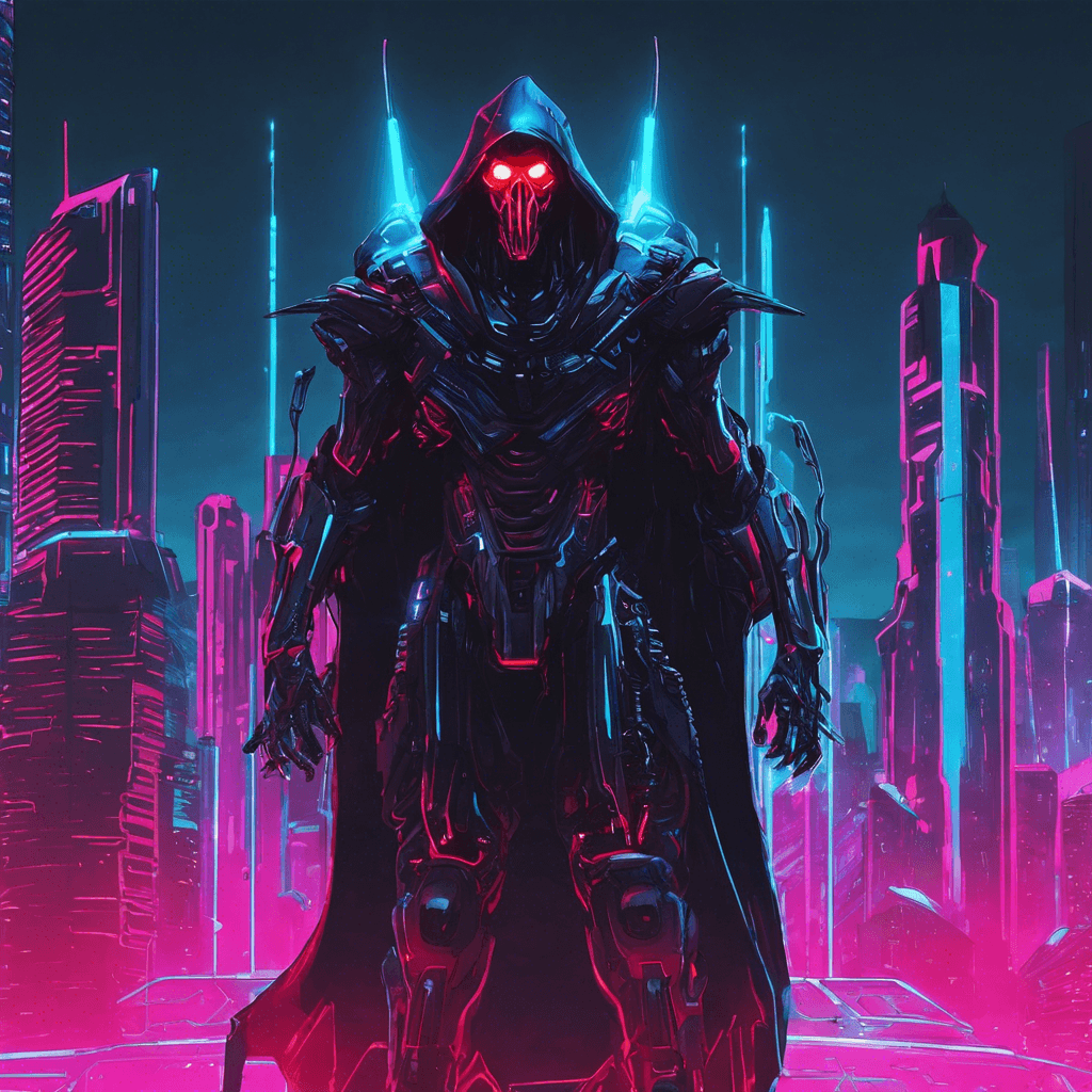 The Techno-Reaper is a menacing figure, clad in sleek, black cybernetic armor that seems to pulse with an eerie blue light. Its eyes are replaced with glowing red visors, scanning its surroundings with ruthless precision. Sharp blades extend from its arms, ready to slice through any obstacle in its path.