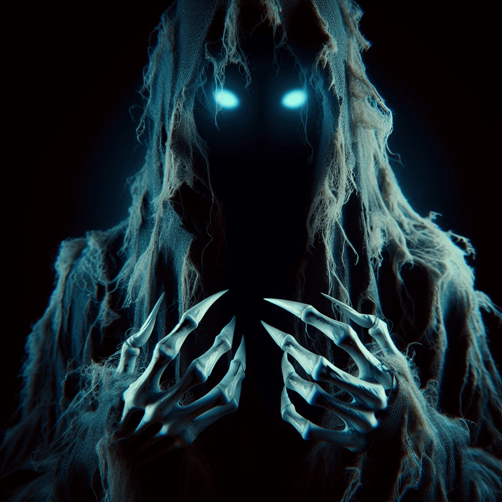 A spectral figure cloaked in tattered robes, with eerie, glowing eyes visible beneath its hood. Its hands are clawed, and an aura of malevolent energy radiates off its form.