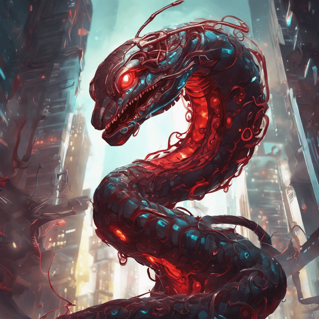 A sinuous mechanoid creature, the Viral Stream Serpent shimmers with iridescent scales made of corrupted data. Its eyes glow a menacing red, and streams of malicious code drip from its fangs, ready to infect.