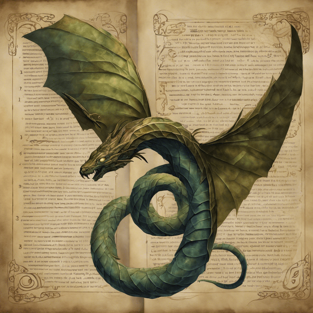 A serpentine creature composed entirely of folded, enchanted parchment. Its scales gleam with magical runes, and it has just taken to the air, its wings a flurry of animated pages. A sense of ancient wisdom emanates from it, indicating that it is a guardian of the library's most sacred texts.