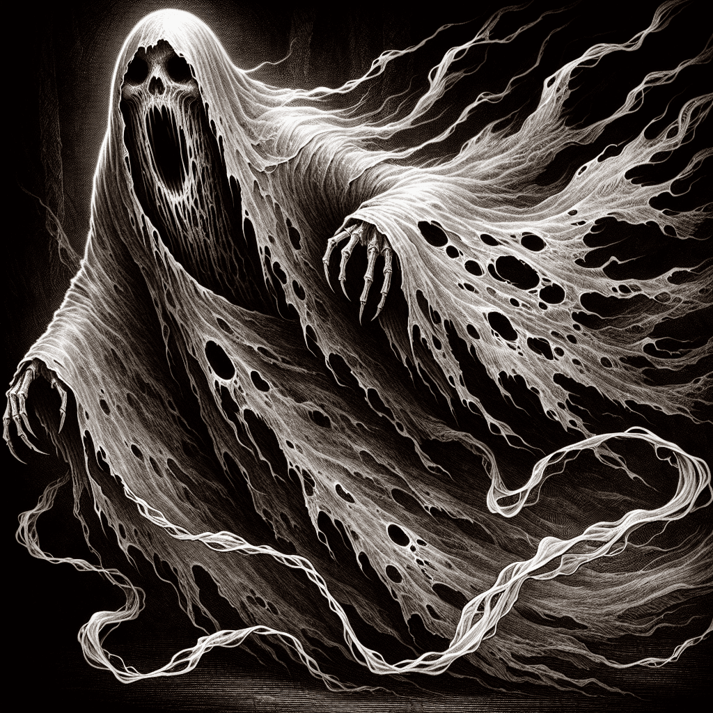 A spectral figure draped in tattered robes, its hollow eyes glowing with an unearthly light. Ethereal chains clank as it floats above the ground, wisps of dark fog swirling around its form.