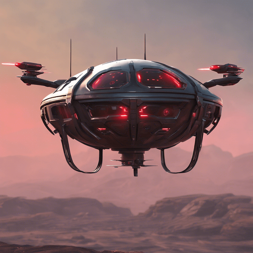 The Sentinel Drone is a sleek, metallic orb bristling with advanced weapons and sensors. It hovers effortlessly in the air, emitting a faint hum as it scans its surroundings with glowing red optics. Its surface is adorned with intricate alien symbols, hinting at a mysterious origin and purpose.