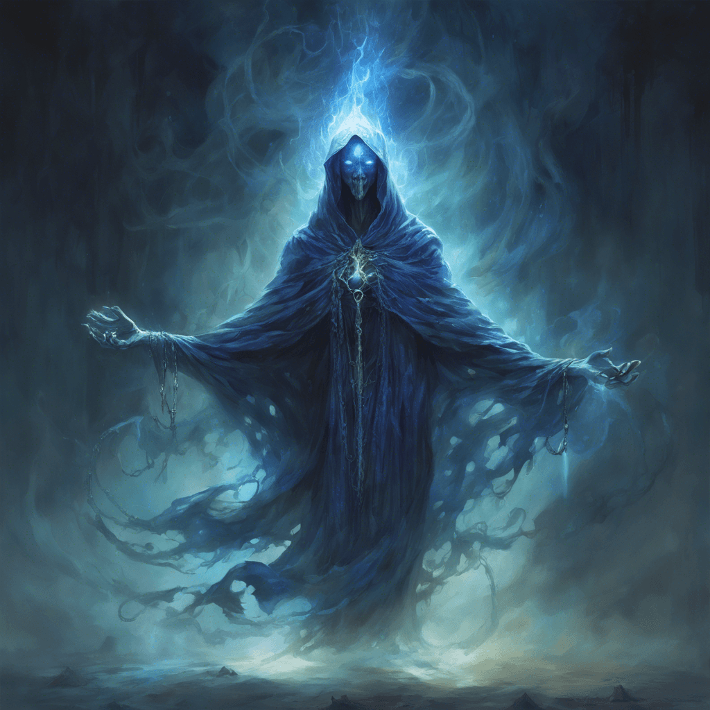 A gaunt spectral figure floating above the ground, its tattered robes billowing as if in an unfelt wind. Ethereal chains dangle from its wrists, ending in sharp spectral hooks. Its face is a hollow void save for two piercing blue flames that serve as its eyes.