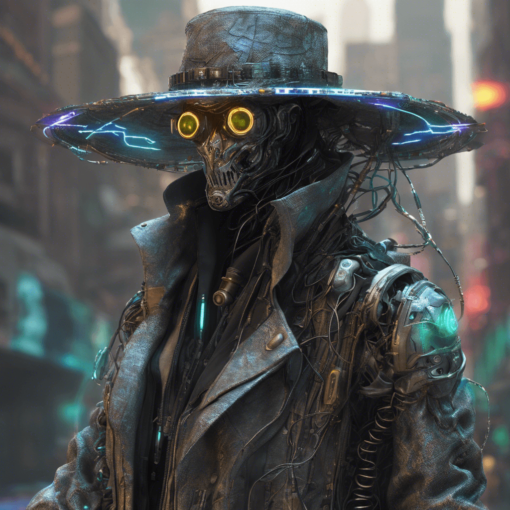 This figure appears as a blend of old western outlaw and futuristic hacker, with a tattered duster coat overlaying a body woven with cybernetic enhancements. Wires snake from under the brim of a wide, holographic hat, and metallic eyes glint with rogue code. A cybernetic arm glows with a foreboding light, suggesting untold capabilities within.