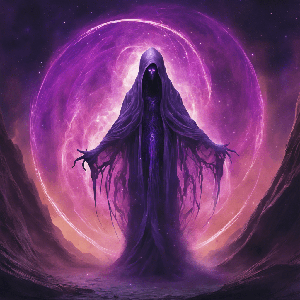 The Nebula Wraith is a spectral entity composed of swirling cosmic dust and strange energy, giving it an otherworldly appearance. Its body constantly shifts and changes shape, making it difficult to target. Glowing purple eyes pierce through the darkness, revealing a malevolent intelligence behind its form.