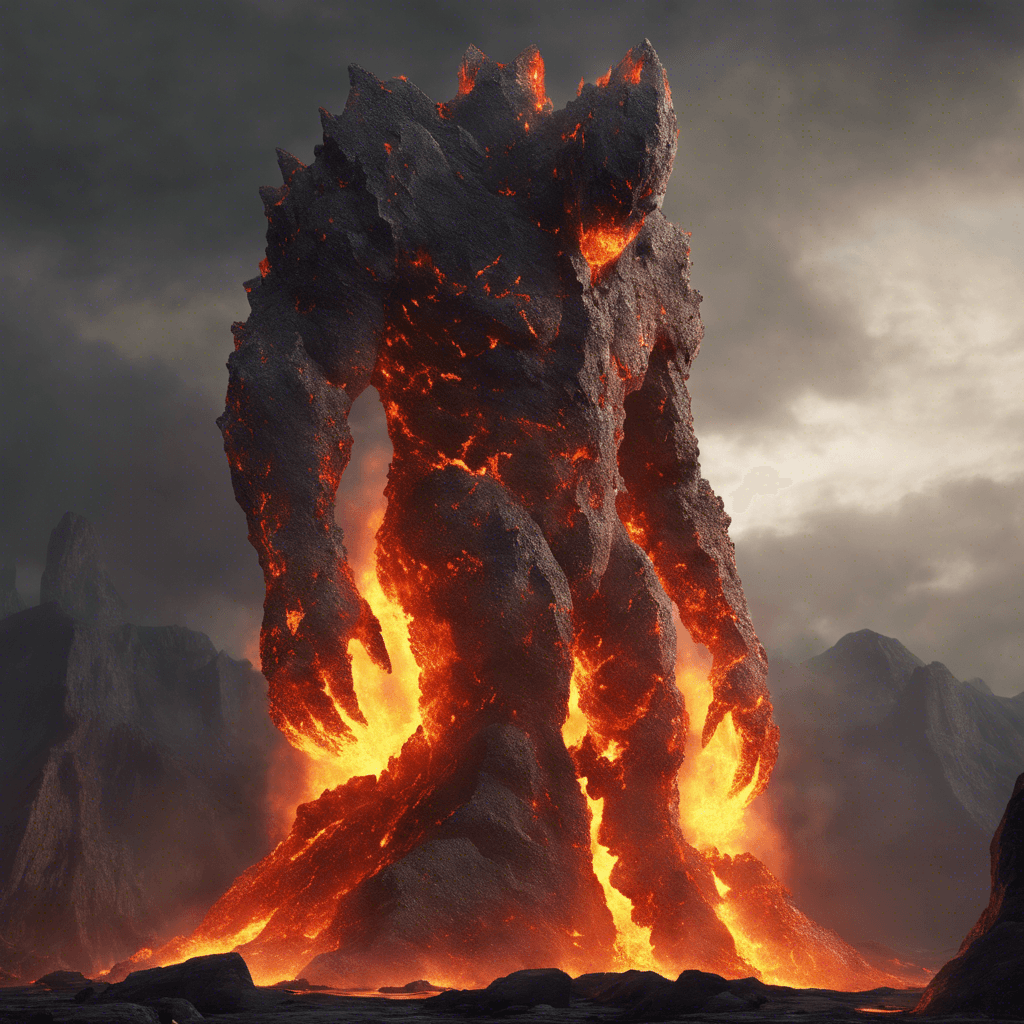 A towering figure made of molten rock and fire. Its body is composed of jagged stones that seem to glow with an internal heat, and streams of lava cascade down its back. Its eyes are hollow pits of flame and its mouth is a crackling furnace. It moves with a rumbling gait, emitting a heat that warps the air around it.