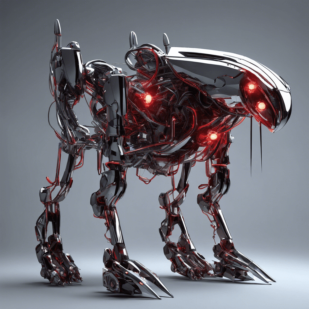 A sleek, quadrupedal robot, its metallic body covered in reflective chrome panels with eerie, glowing circuits running beneath. Sharp blades protrude from its forelimbs, and optical sensors glow with a menacing red.