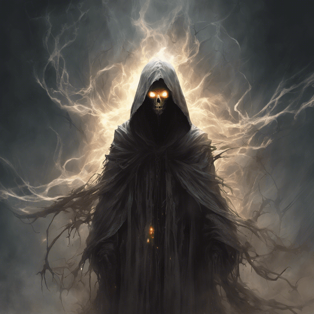 A gaunt figure draped in tattered robes, its face obscured by a deep hood, within which two glowing eyes burn with a mournful light. Ethereal tendrils of vapor trail from its form, and the air around it chills to the bone.