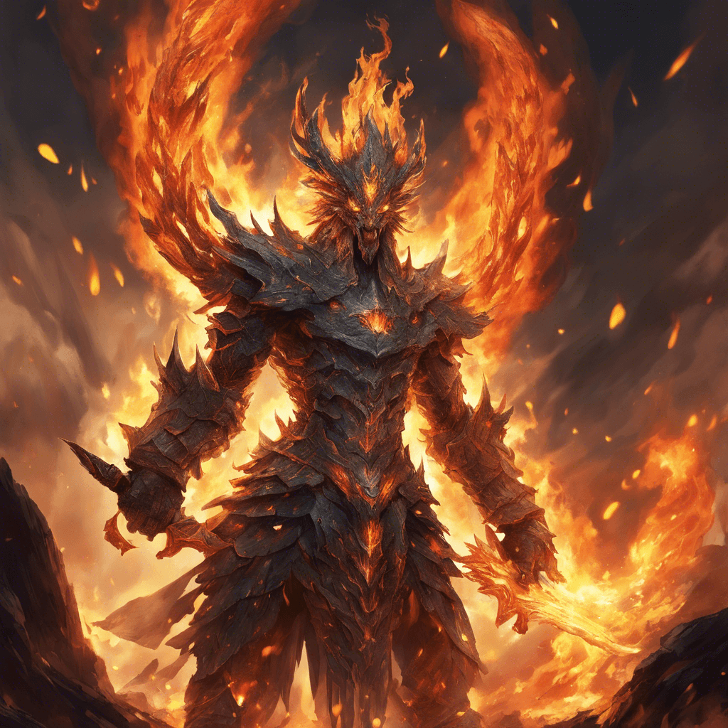 A towering elemental guardian composed of crackling flames and smoldering embers, wielding a sword of pure fire.