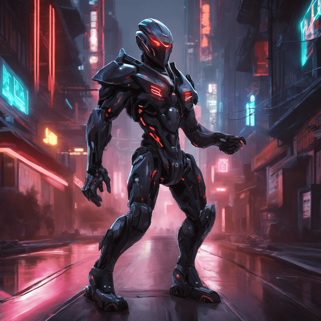 The Cybernetic Assassin is a sleek and deadly robotic being, designed for stealth and precision. Its body is covered in armor plating, with glowing red eyes that pierce through the darkness of the neon-lit streets. Agile and quick, it moves silently, ready to strike at a moment's notice.