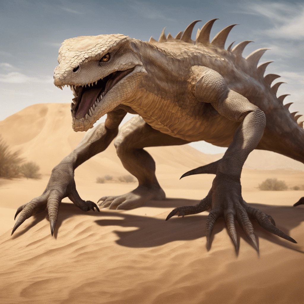 A large, reptilian creature with scales the color of the desert sand, blending it effortlessly into the landscape. It moves with a sinuous grace despite its bulk, large claws capable of shredding metal, and eyes that glow with a predatory intelligence.