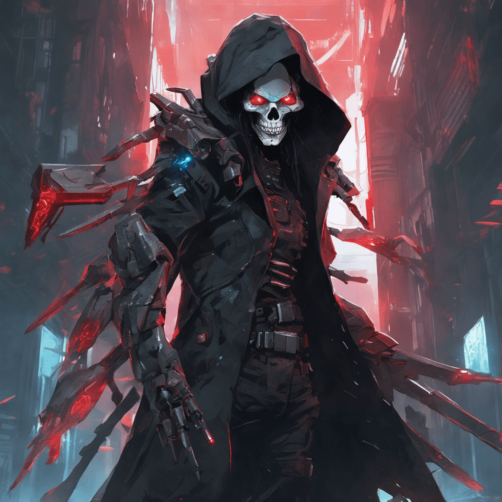 A looming figure clothed in a tattered black coat, with glowing red eyes and a skull-like faceplate etched into its metallic visage. This cybernetic assassin moves with an inhuman grace, brandishing a monomolecular blade that sings with a faint blue hum.