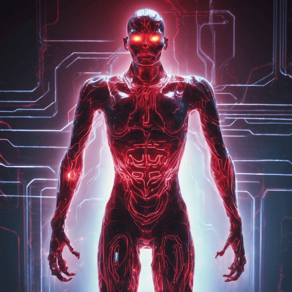 Sinister humanoid figure with a translucent, holographic body and neon circuit patterns running across its form. Its eyes glow with a menacing red light.