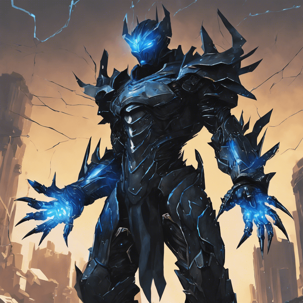 A towering figure clad in matte black armor with articulated metal claws for hands. Their eyes are hidden behind a visor emanating a cold blue light, and small arcs of electricity crackle between the claws.