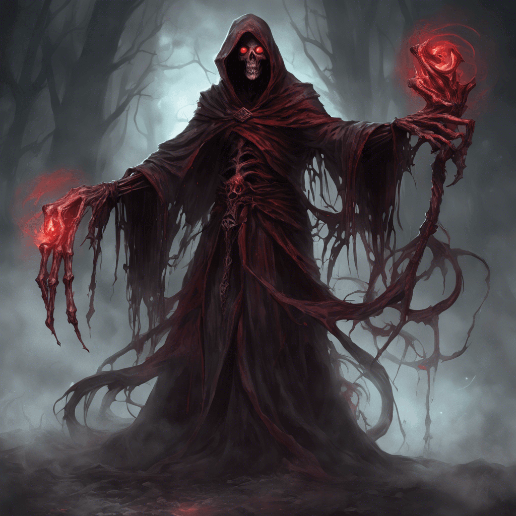 Grimalkar the Soulflayer is a towering figure shrouded in tattered, dark crimson robes. Its face is hidden beneath a hood, with glowing red eyes piercing through the shadows. Skeletal hands clutch a twisted staff, swirling with spectral energy. Ghostly whispers seem to emanate from the creature, chilling the air with the presence of death itself.