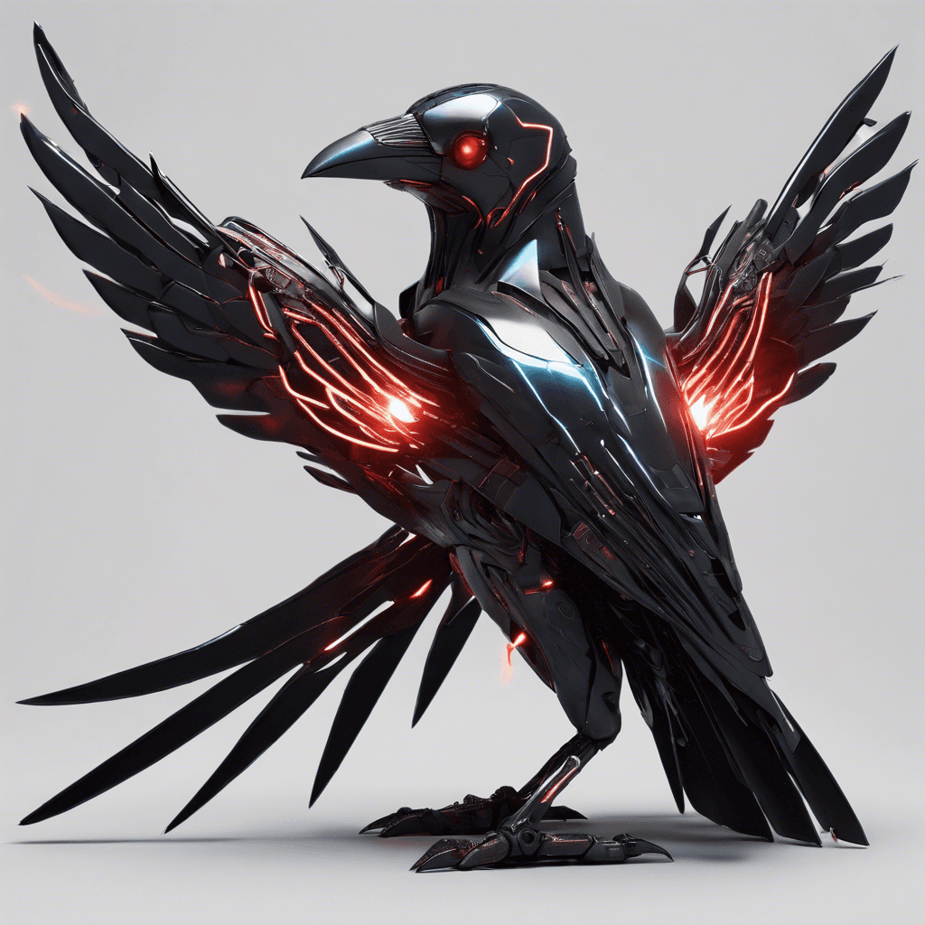 A sleek, metallic creature resembling a raven, with razor-sharp wings and glowing red optical sensors for eyes. Its body is adorned with cybernetic enhancements and wires, giving it an intimidating and futuristic appearance.