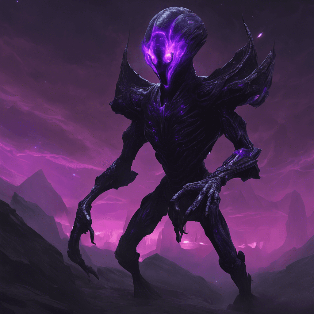 The Voidwalker Sentinel is a towering alien-like creature with shimmering black armor and glowing purple eyes. Its body is surrounded by a dark energy field, crackling with power. It emits a low, ominous hum as it moves, and its movements are quick and precise.