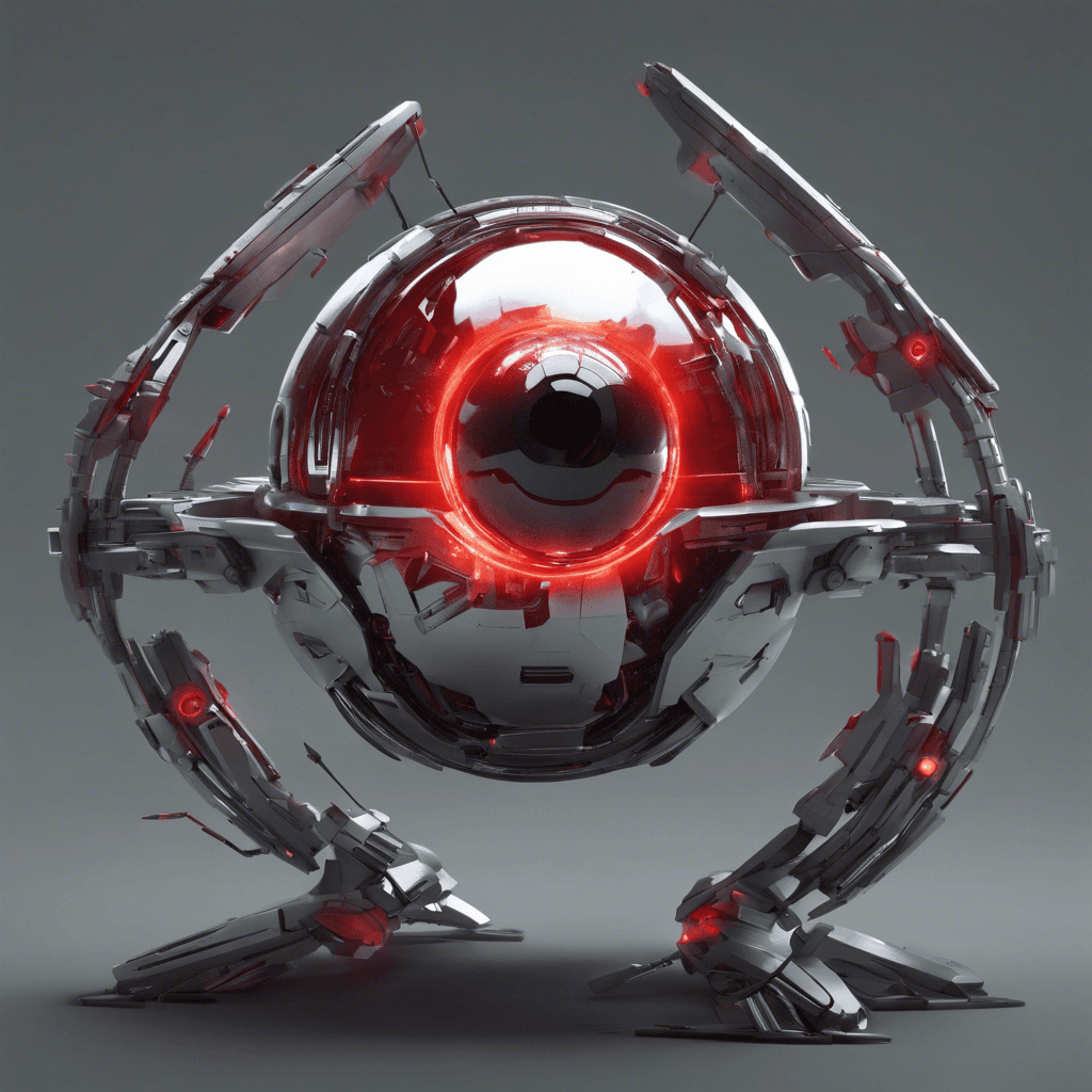 A hovering metallic sphere with a pulsating red eye at its center, equipped with retractable limbs holding futuristic guns and cutting tools.