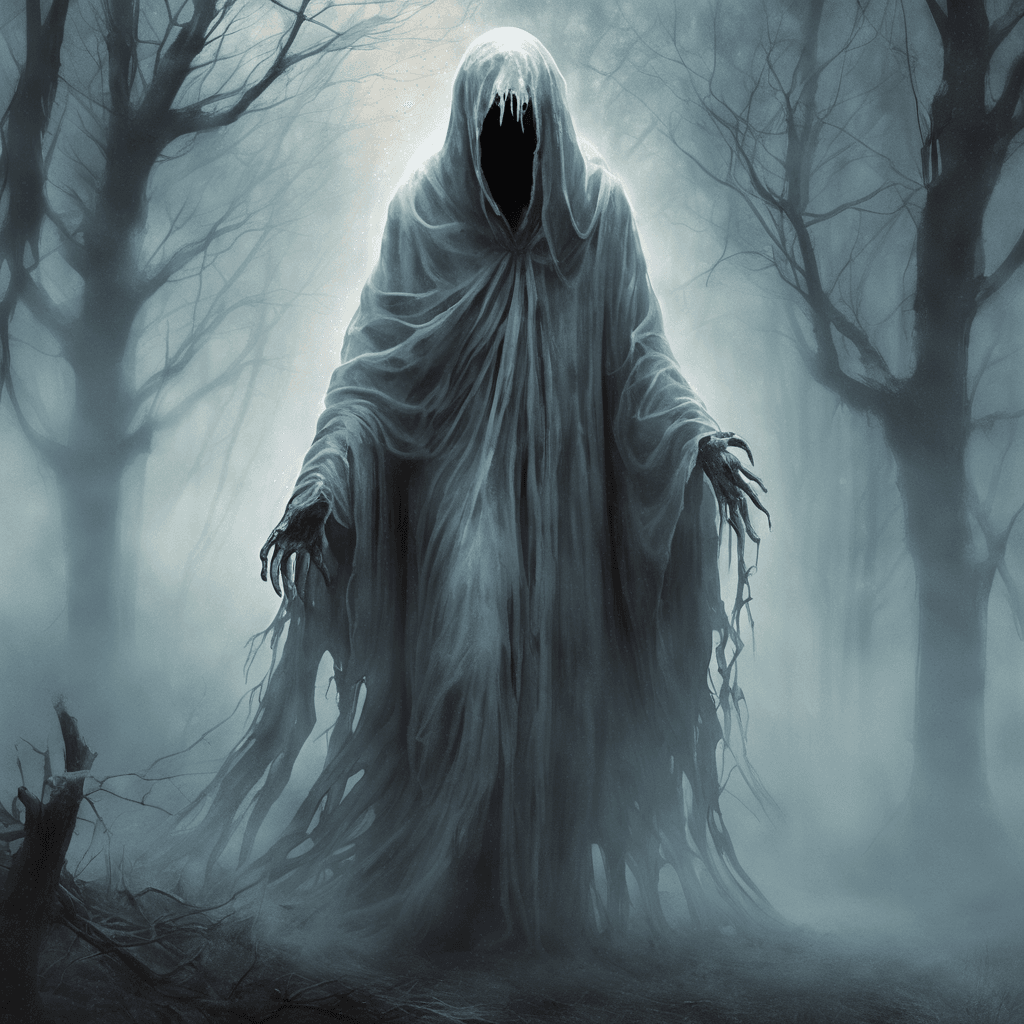 The Specter of Greyhill is a translucent figure shrouded in tattered, ethereal robes, with empty eye sockets glowing with an eerie light. It emits a chilling aura that freezes the air around it, leaving a trail of frost in its wake. The faint whispers of lost souls can be heard emanating from its form.