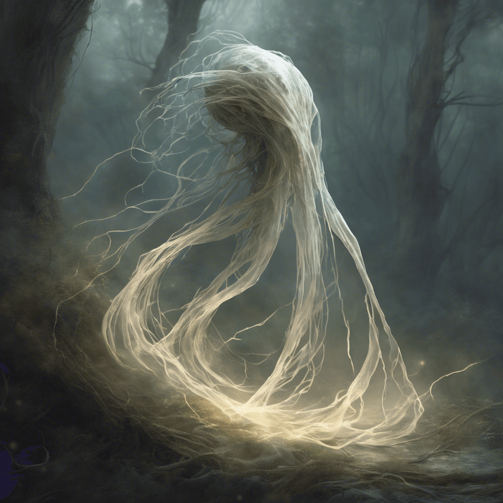 A translucent creature with a faintly glowing core, frayed edges of its form flicker like tattered cloth caught in a breeze. Ethereal tendrils trail behind it as it moves erratically, an unsettling pulsation of faded light emanating from its center.