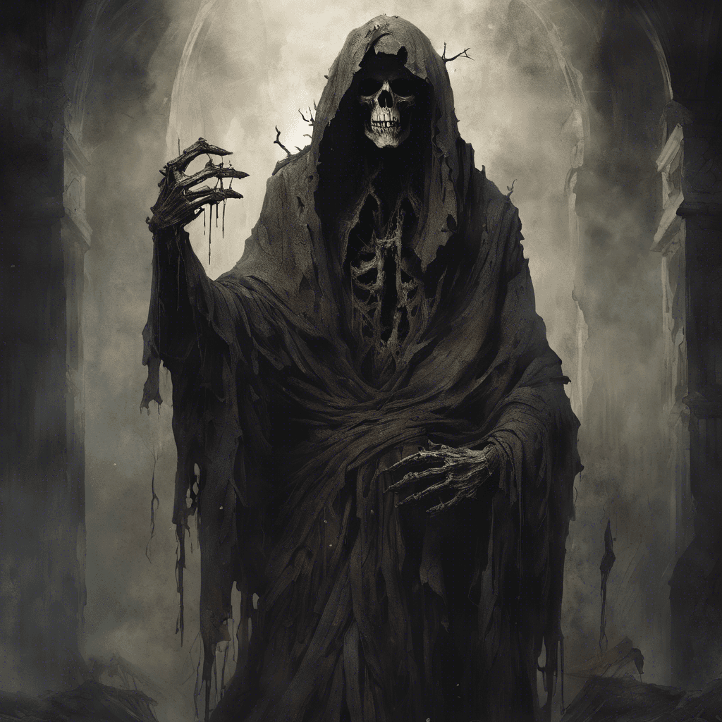 A towering figure, draped in tattered robes that seem to be stained with the ages. Its gaunt, decayed face is partially obscured by a hood, but the gleam of unfathomable hatred burns in the depths of its hollow eye sockets. Skeletal hands, as if wrought from the very shadows, reach out with an unnerving hunger as it moves with a spectral grace that belies its rotting visage.