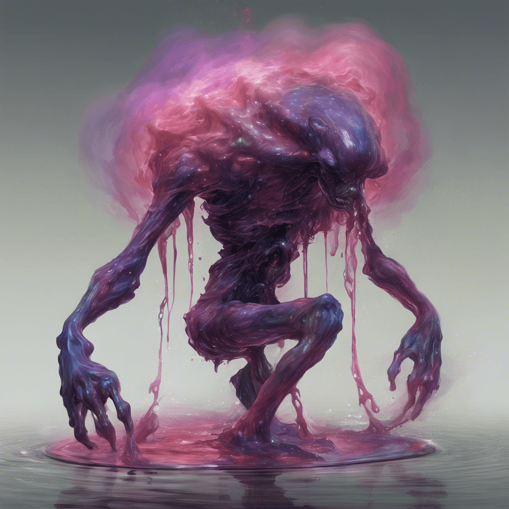 The Chemorph is a humanoid figure that has emerged from a chemical vat, its body now a swirling mass of iridescent and toxic chemicals. It shimmers with ever-changing colors, like oil on a puddle, and it seems to be able to reshape parts of its anatomy into amorphous, weaponized forms.