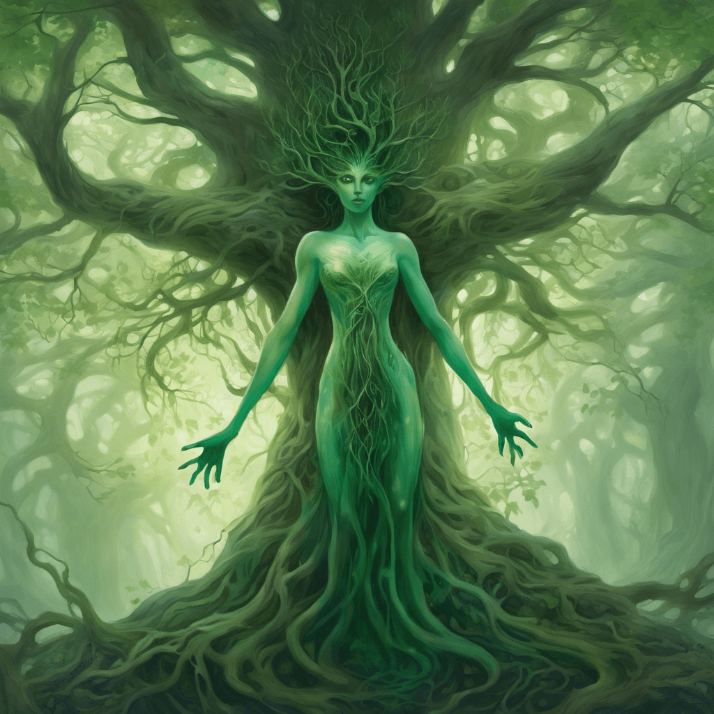 An ethereal figure stands before you, part tree, part woman. Its eyes are glowing emerald, and limbs that resemble gnarled branches end in delicate, leaf-shaped appendages. The dryad seems to fade in and out of visibility, its form blending with the trees around it, giving it an almost ghostly appearance.