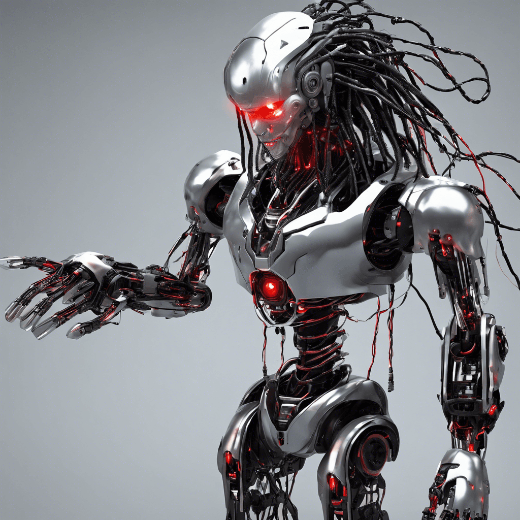 A rogue humanoid robot with a sleek chrome body, glowing red eyes, and wires protruding like dreadlocks. It has a chest cavity filled with blinking lights and gadgets.