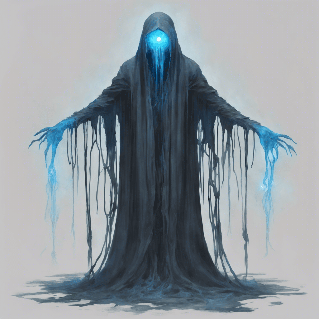 A spectral figure, cloaked in a tattered shroud, with an ethereal blue glow radiating from its empty eye sockets. It floats above the ground, with ghostly tendrils trailing from its form.