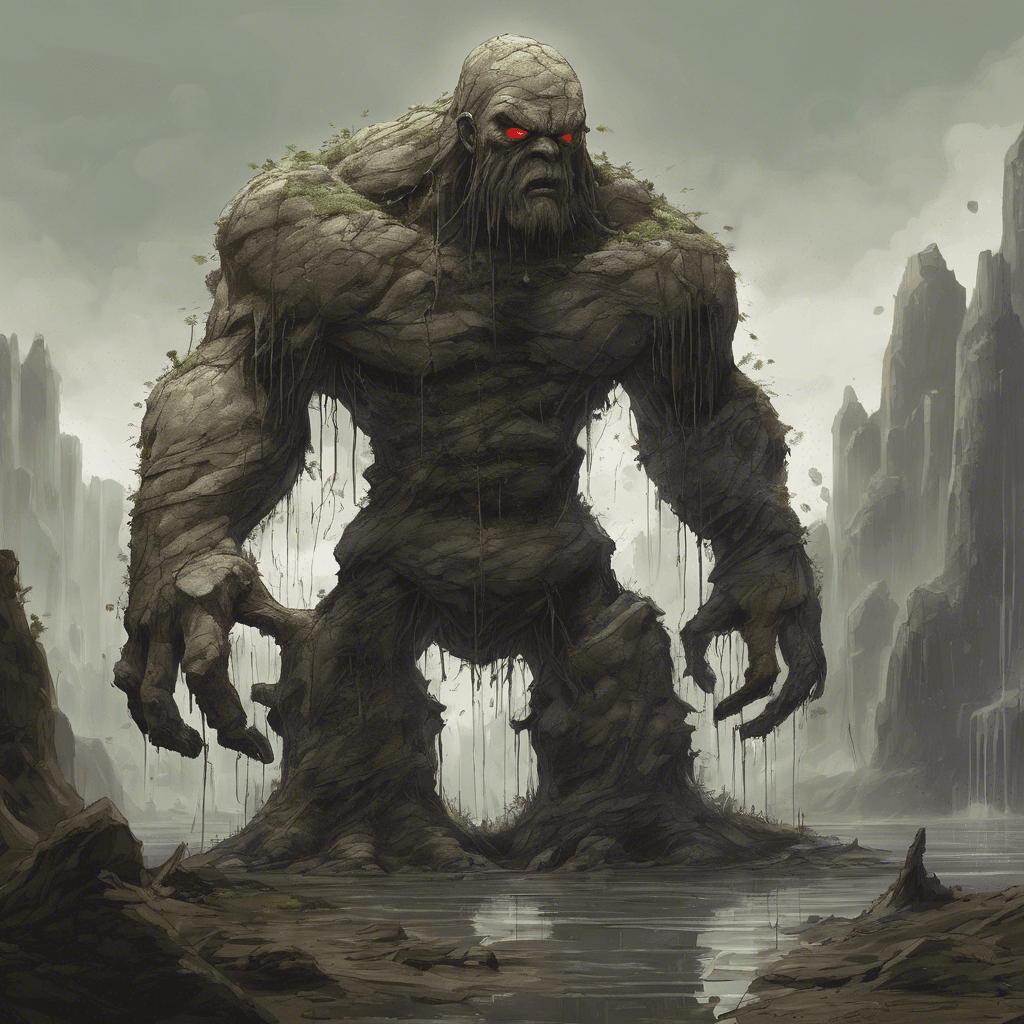 A towering creature made of wet earth and stone, the Golem looms with a broad, hulking form. Traces of grass and roots weave into its muddy structure, where small rivulets of water continuously cascade over its body, constantly reshaped by the downpour.