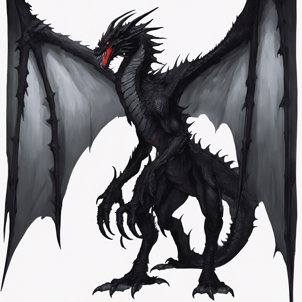 A massive black dragon, its scales as dark as the void and reflecting no light, with piercing crimson eyes that glow with malice. It has wide, powerful wings and long, sharp talons. Jagged spines run down its back, and it exhales plumes of acrid, dark smoke from its cavernous nostrils.