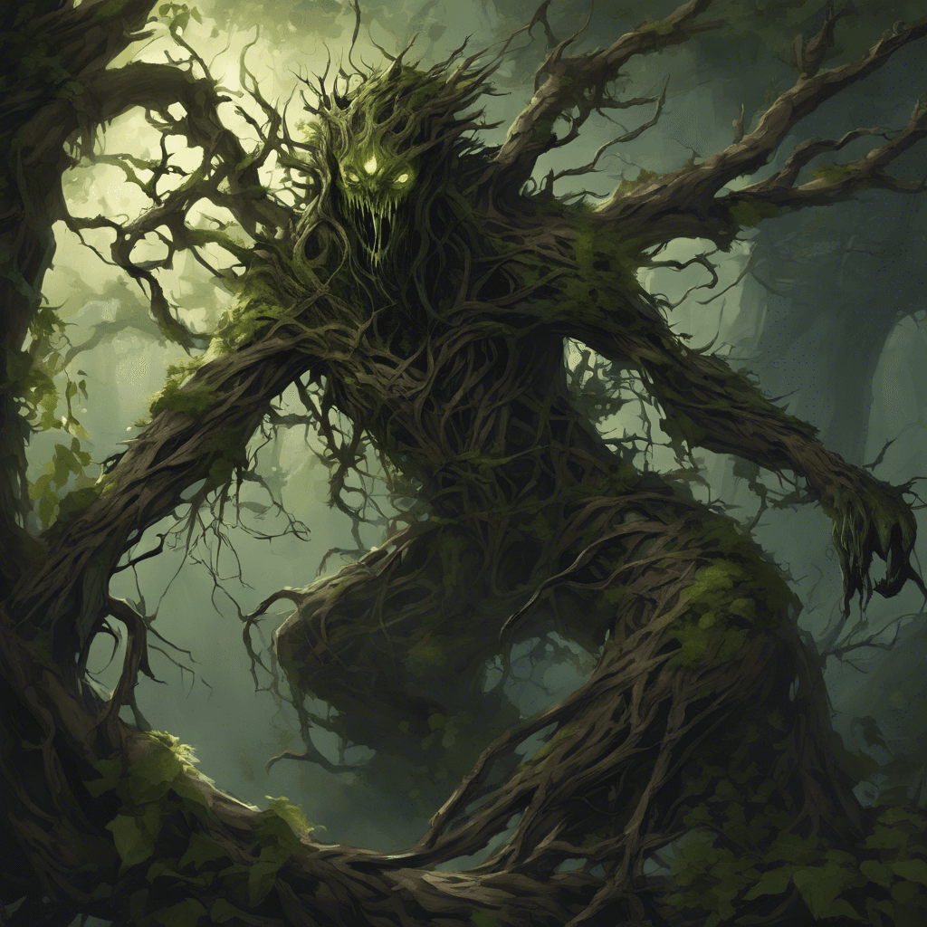 A towering creature made of gnarled, twisted wood, with glowing green eyes and thorns protruding violently from its limbs. Vines hang like tattered garments and its bark is dark as midnight, emitting an aura of ancient and protective fury.