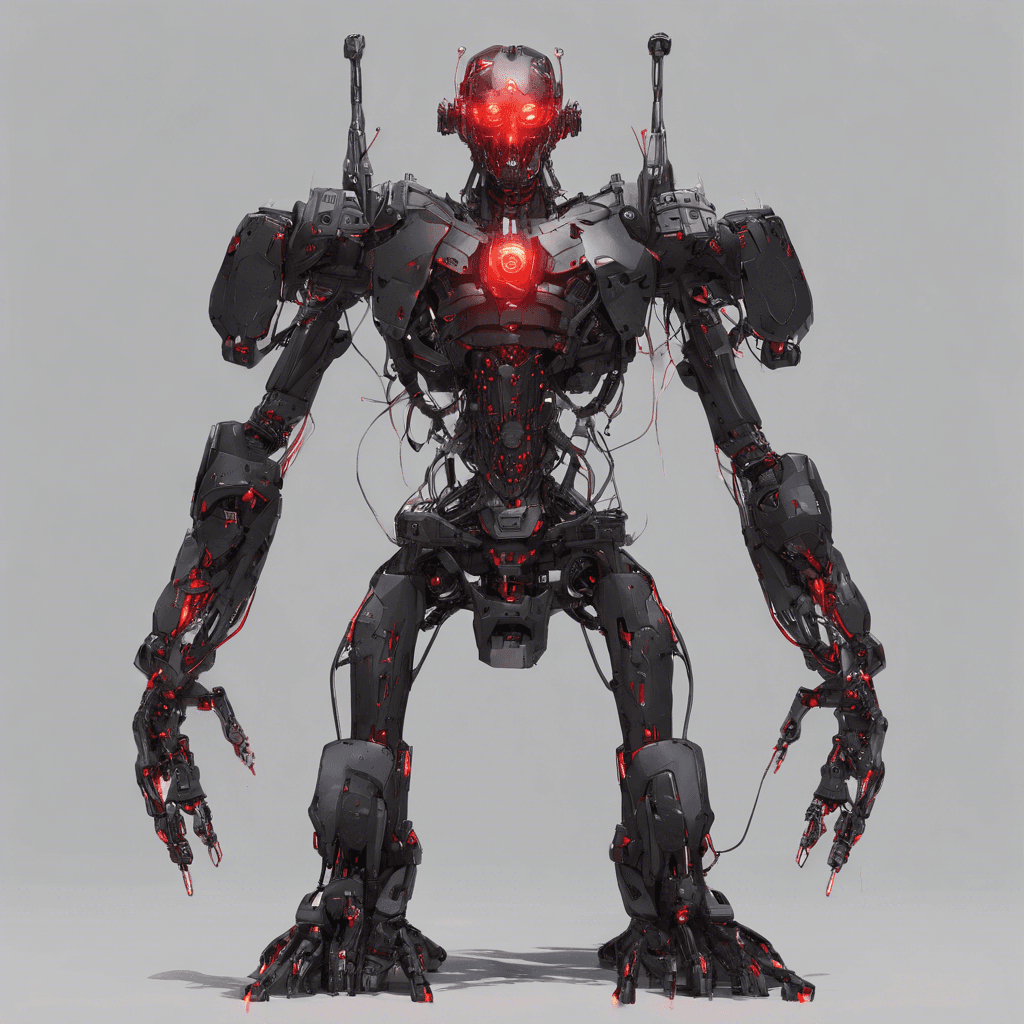 A towering humanoid figure with a cybernetic exoskeleton, glowing red eyes, and multiple weapon attachments integrated into its arms. Its movements are calculated and precise, emitting a low hum from its mechanical components.