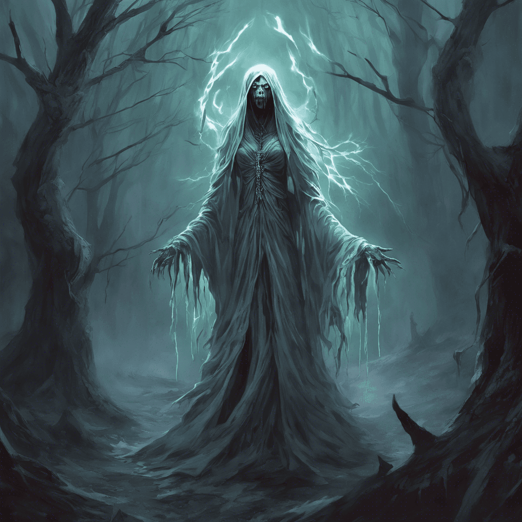 A spectral figure clad in tattered robes, the Banshee's eyes glow with an otherworldly light. Her unearthly wail sends shivers down your spine, freezing you in place with fear.