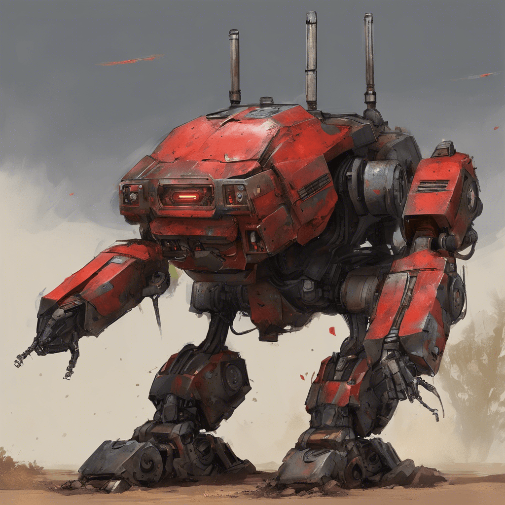 A hovering robotic sentinel, its metallic chassis battered and worn with visible rust spots. Originally programmed for excavation, it has been retrofitted with weaponry. Bright red sensors sweep the area as it patrols.