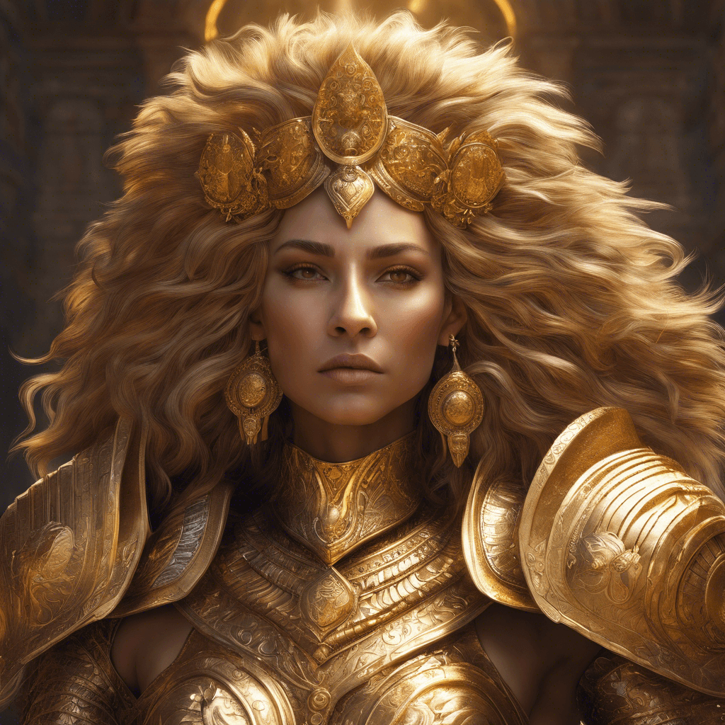 A colossal and majestic creature with the body of a lion and the head of a regal woman, enveloped in golden light and adorned with intricate armor. Its piercing gaze exudes a wisdom that seems to penetrate the soul.