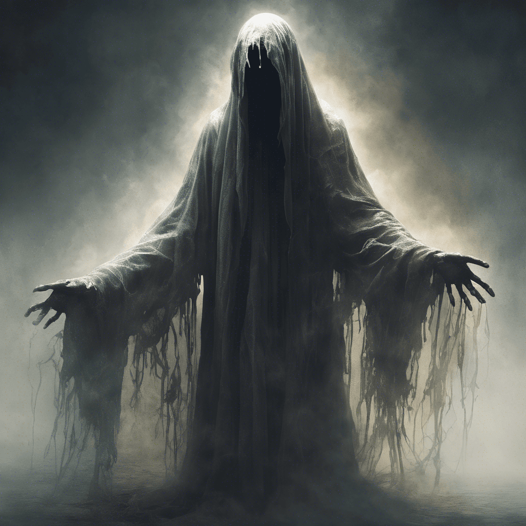 A wailing spectral figure cloaked in tattered robes, its form semi-transparent and shifting. Hauntingly illuminated by an inner, eerie light, it driftlessly floats above the ground, its face a horrifying visage of anguish and sorrow.