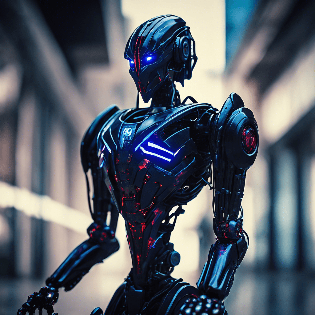 The Voidwalker Sentinel is a humanoid robot made of sleek, black metal with glowing blue circuits running along its body. It moves silently and swiftly, with its red sensor eyes scanning the area for threats. It wields a powerful energy blade that crackles with energy, ready to strike at any moment.