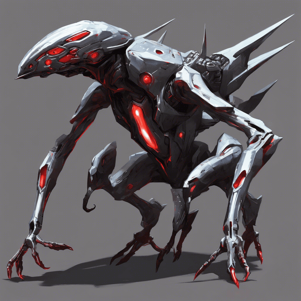 A sleek, metallic creature with sharp edges, glowing red eyes, and equipped with blasters mounted on its articulated limbs. Its body reflects the void of space, making it almost invisible against the backdrop of the stars.