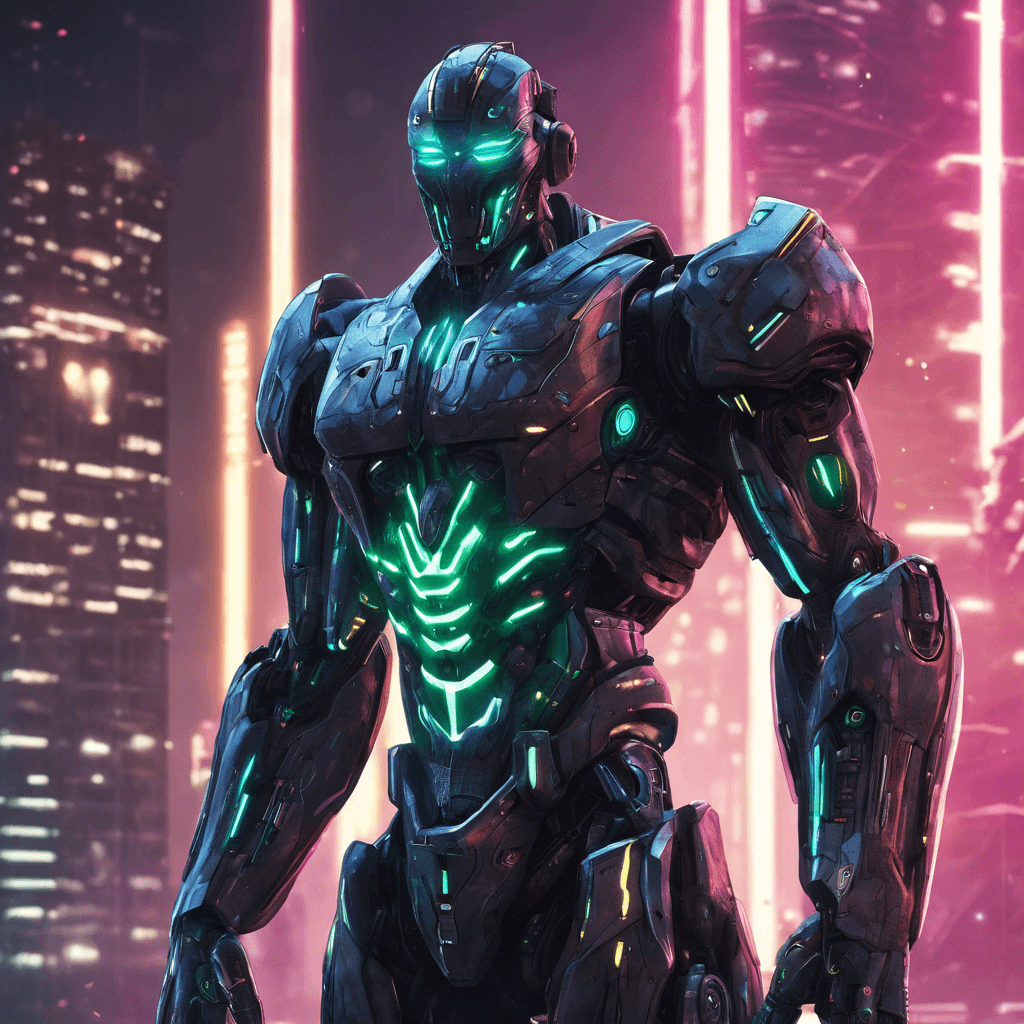 A towering android with neon streaks pulsating across its dark alloy armor. It has a pair of glowing cybernetic eyes and an array of concealed weapon systems.